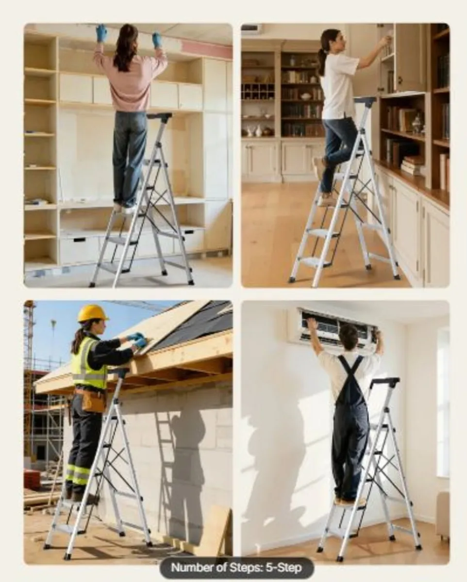 5 Step Ladder, Folding Step Stool with Wide Anti - Image 4