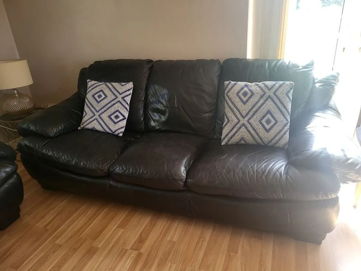 3 & 2 seater black leather sofas. - Image 1
