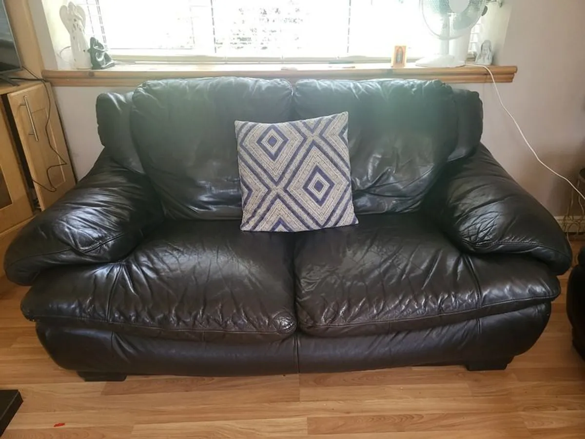 3 & 2 seater black leather sofas. - Image 2