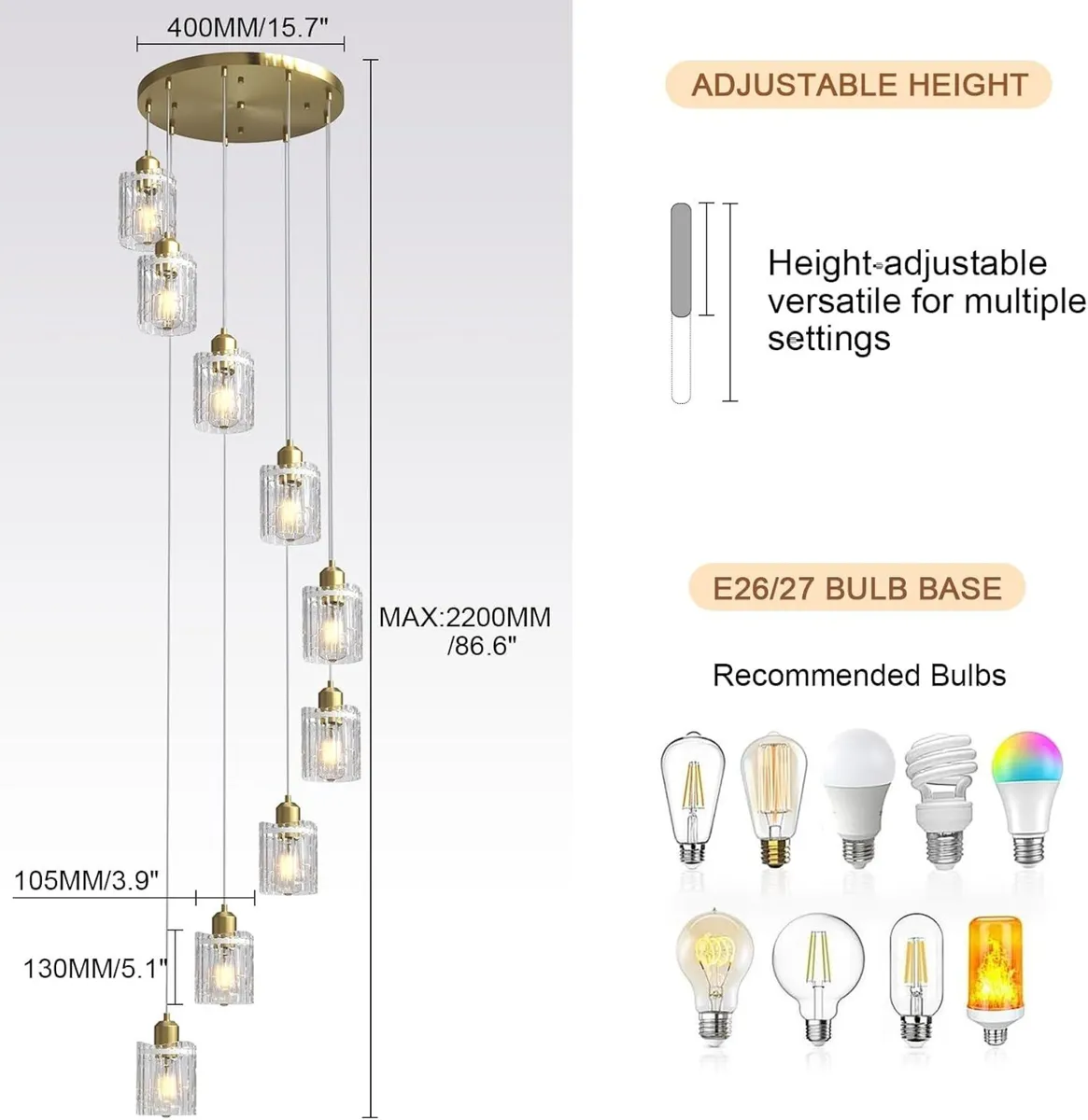 Glass Ceiling Pendant Light Modern 3-Light Chrome - Image 2