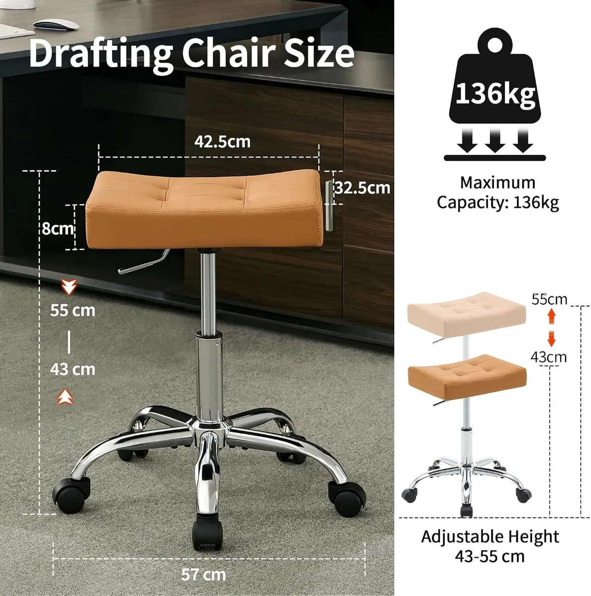 Office Stool with Wheels Faux Leather Workbench - Image 2
