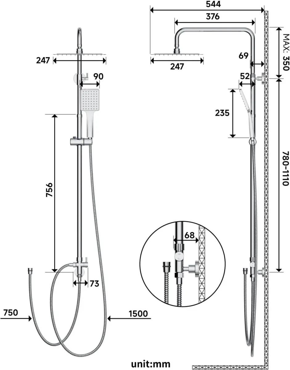 Shower Riser Rail Kit Square Overhead - Image 2