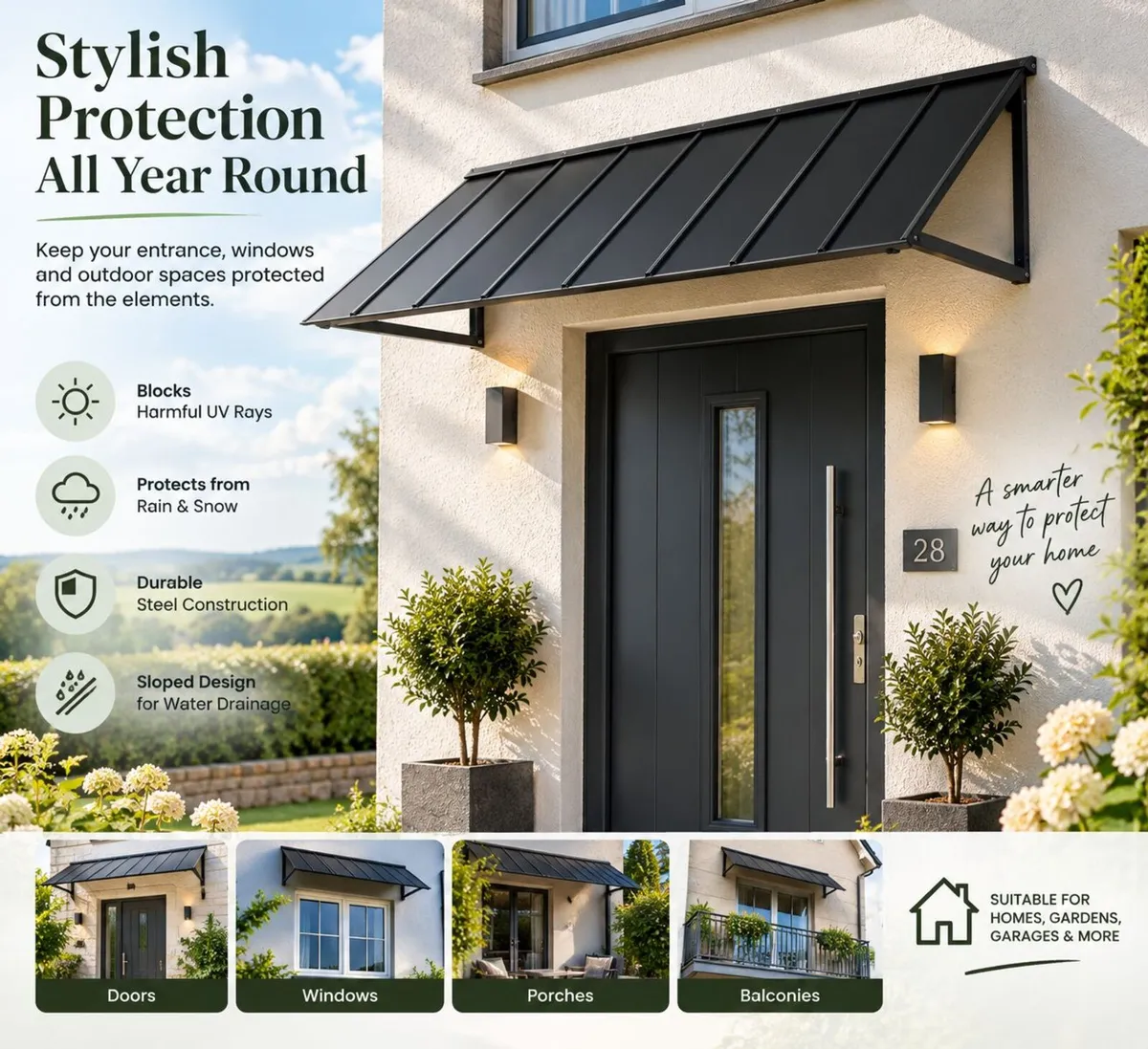 Fixed Metal Door & Window Awning 203 X 91cm Black - Image 3
