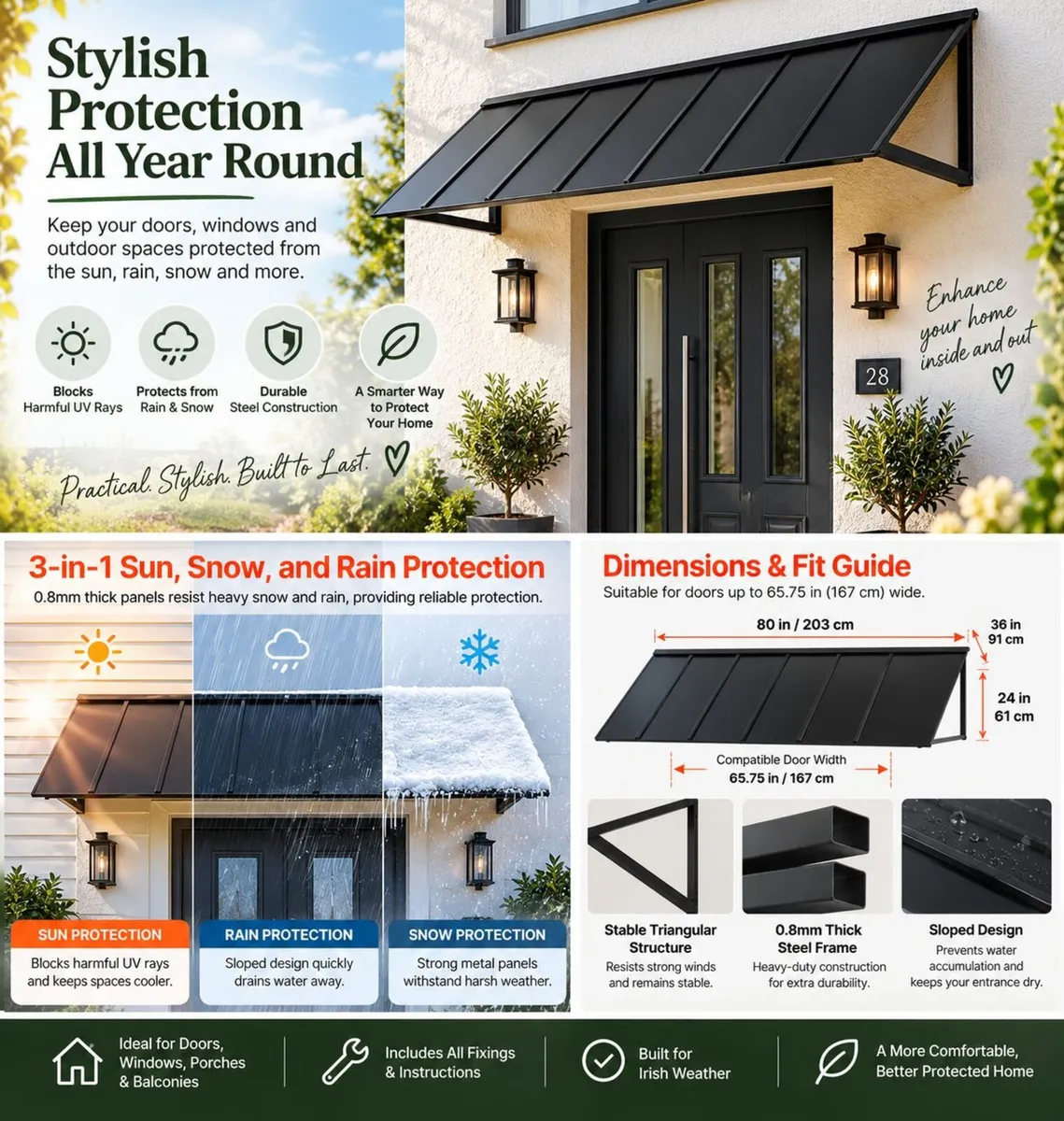 Fixed Metal Door & Window Awning 203 X 91cm Black - Image 4