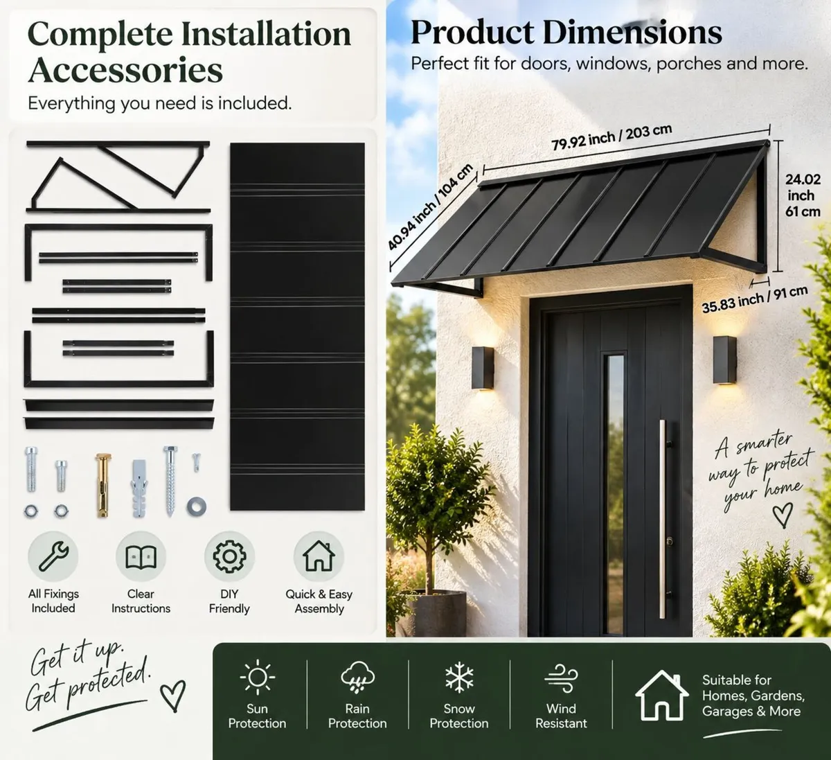 Fixed Metal Door & Window Awning 203 X 91cm Black - Image 2