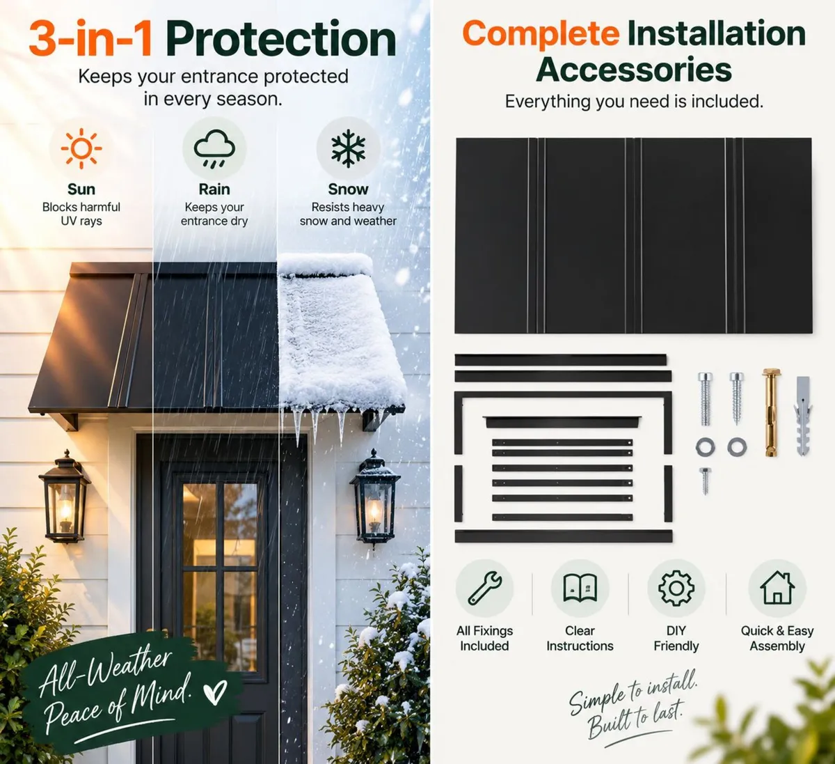 Fixed Metal Door & Window Awning 112.5 X 59cm Blac - Image 3