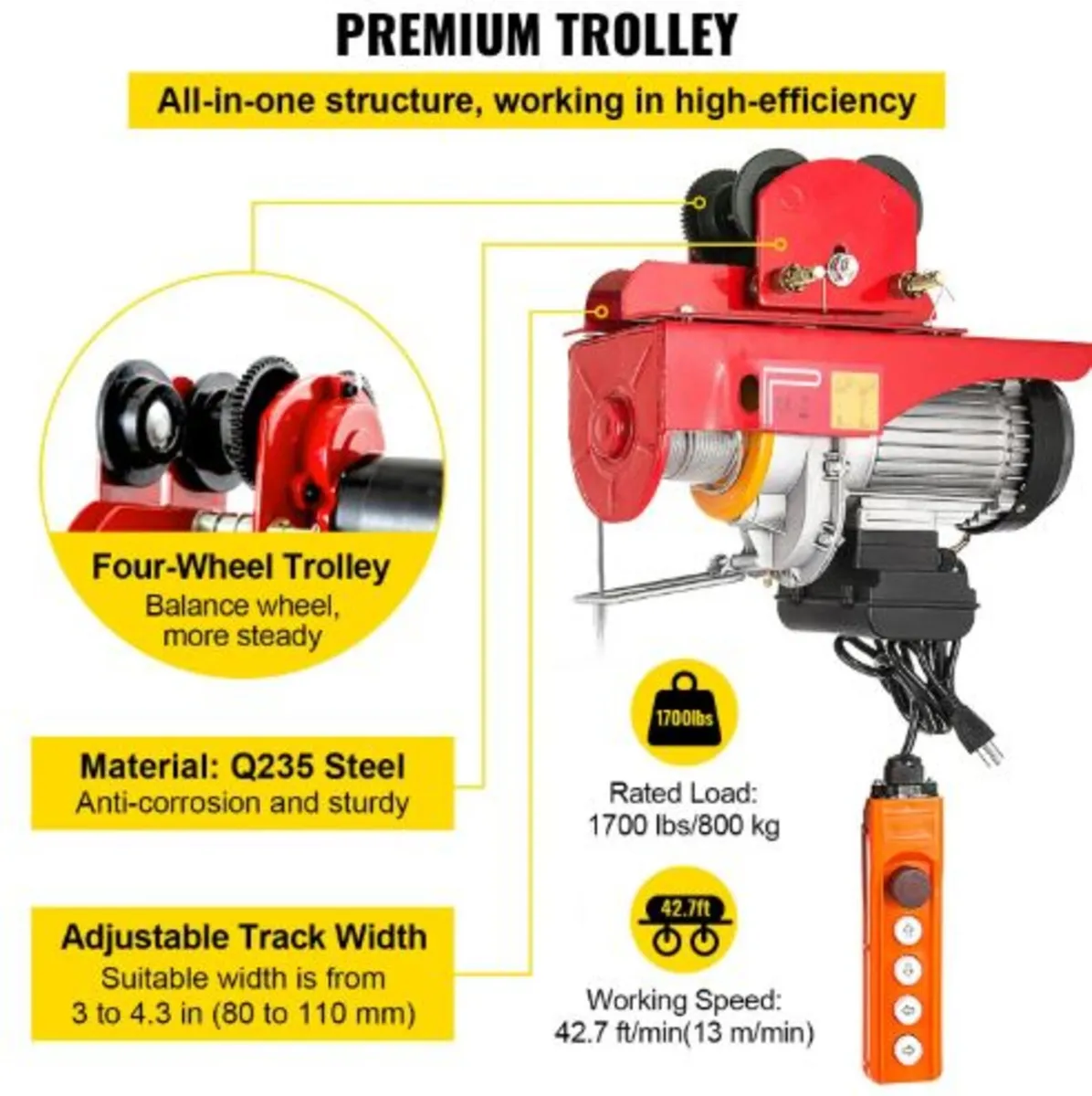 800Kg/1700Lbs Electric Trolley Hoist 1300W - Image 4