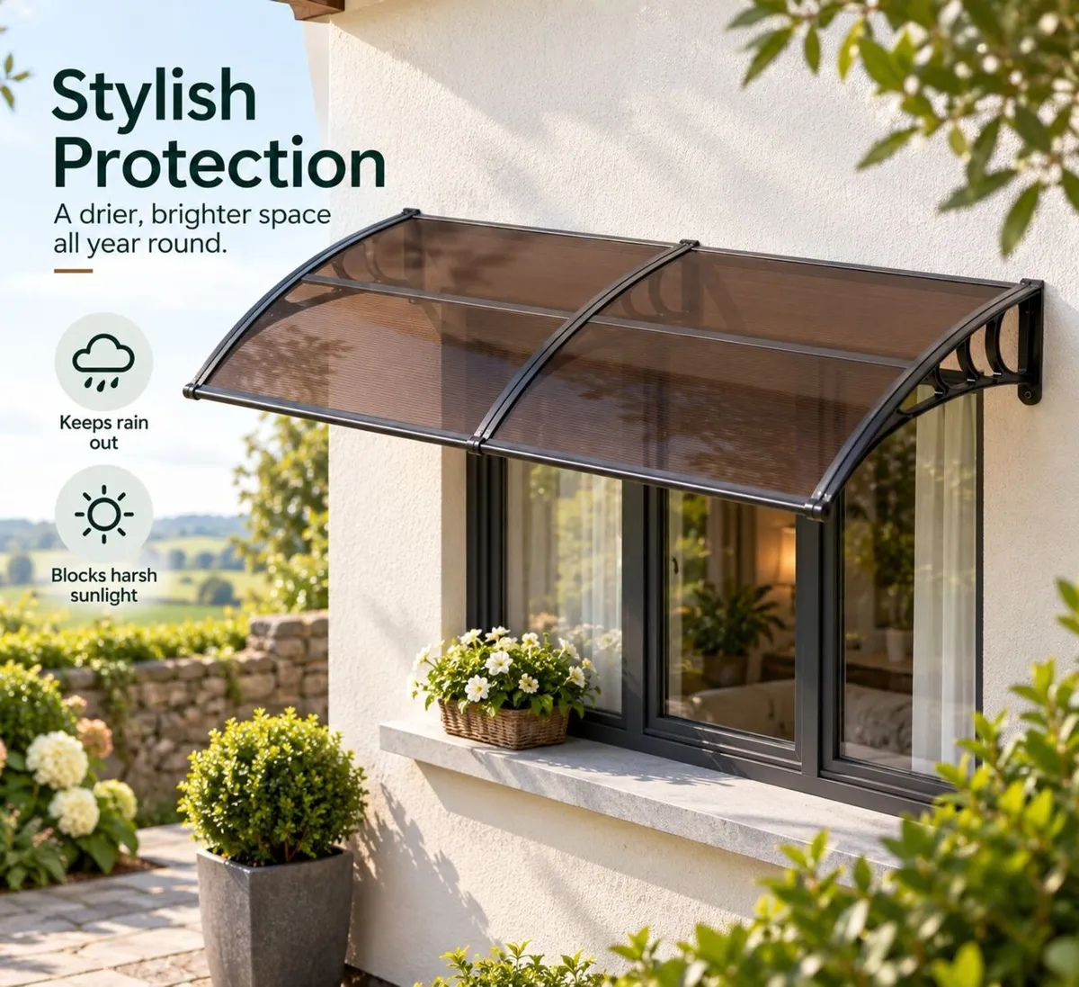 Polycarbonate Door & Window Awning – 198 × 96cm Br - Image 1