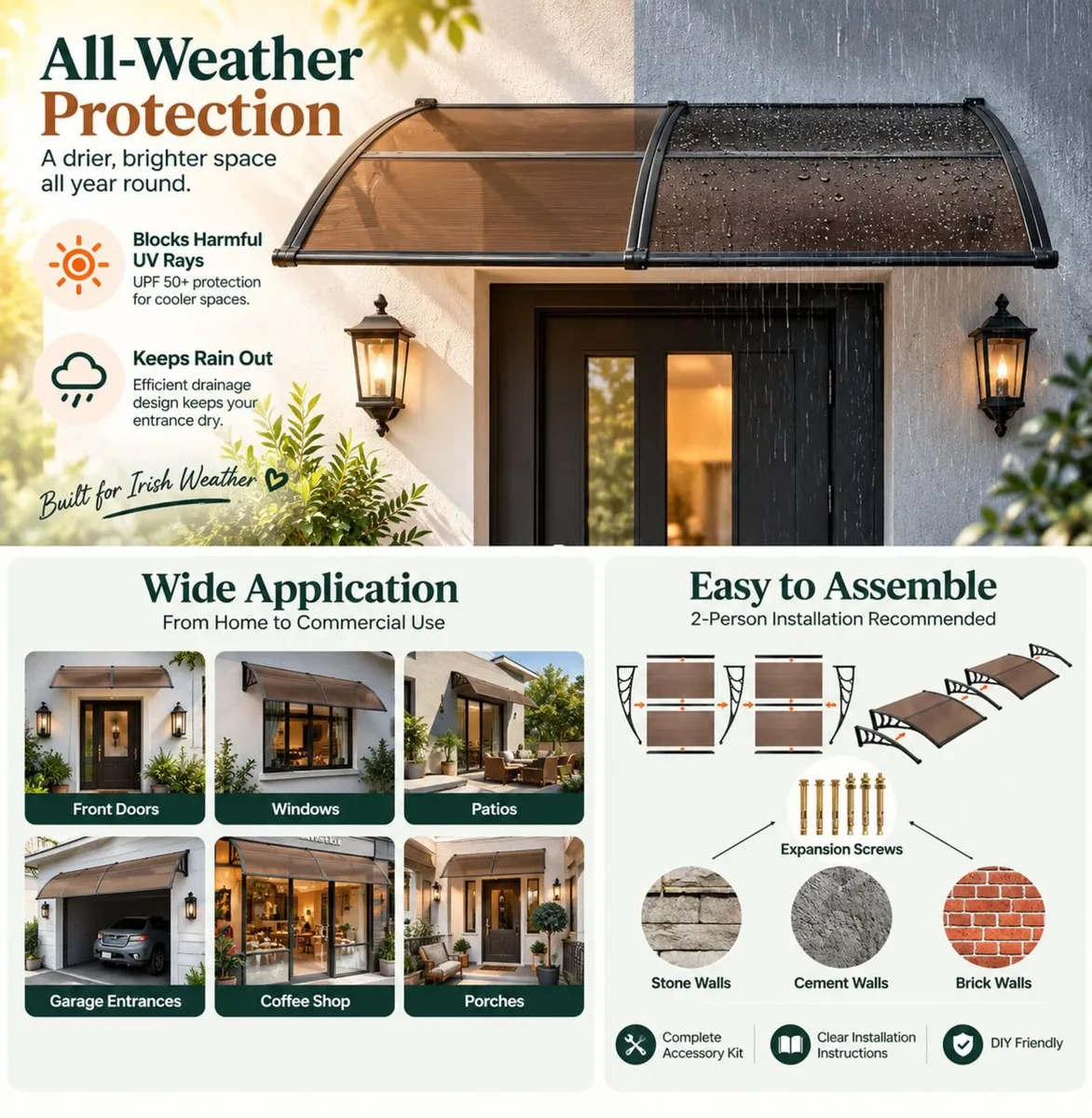 Polycarbonate Door & Window Awning – 198 × 96cm Br - Image 2
