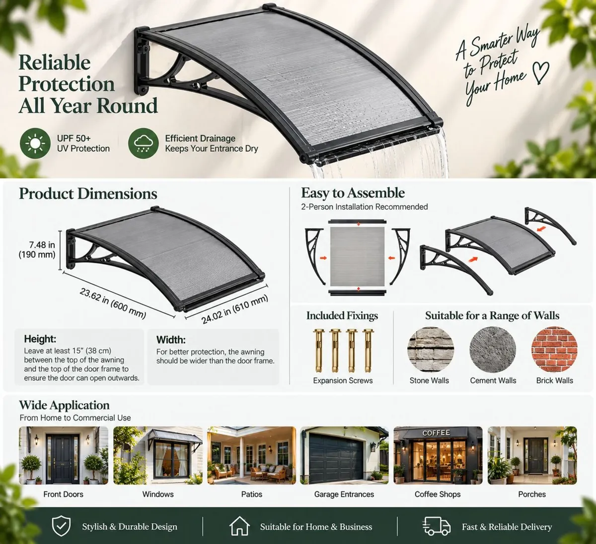 Polycarbonate Door Canopy 61 x 60cm  Smoke Grey Fr - Image 2