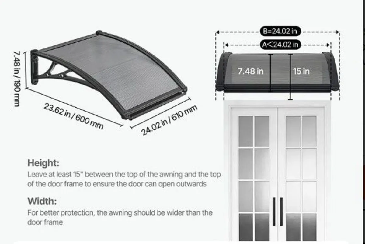 Polycarbonate Door Canopy 61 x 60cm  Smoke Grey Fr - Image 3