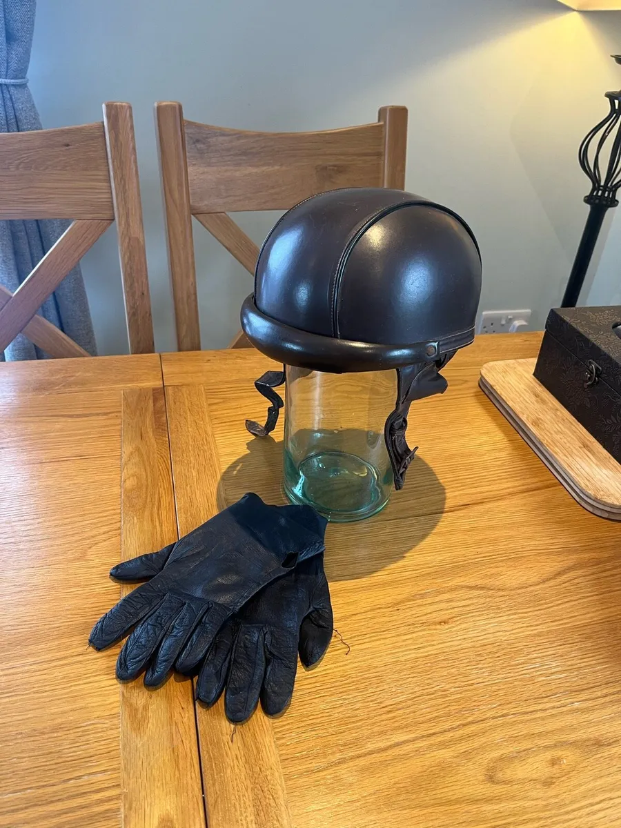Antique/Vintage Leather Motorcycle Helmet & Gloves - Image 1