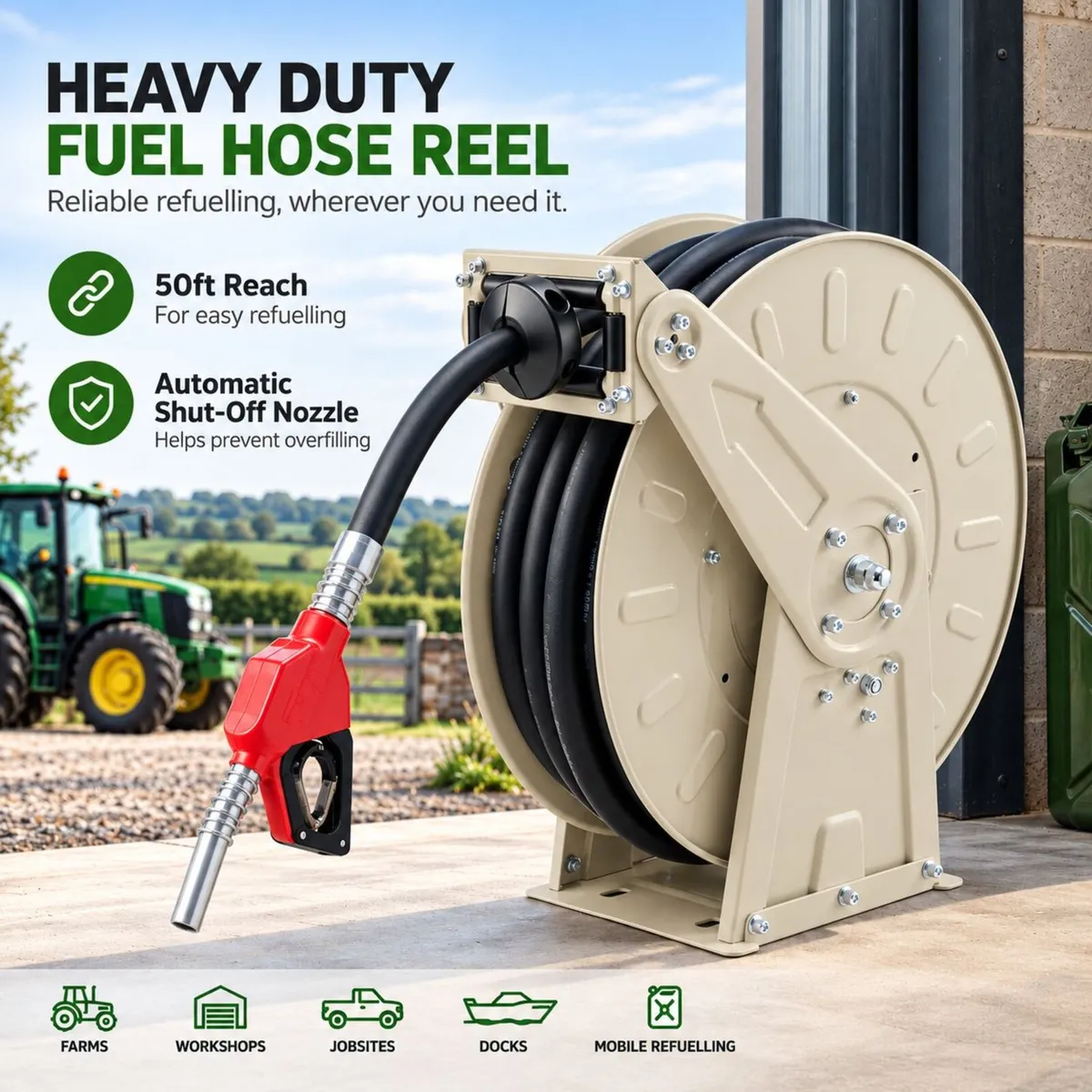 50ft Retractable Diesel Fuel Hose Reel with Automa - Image 1