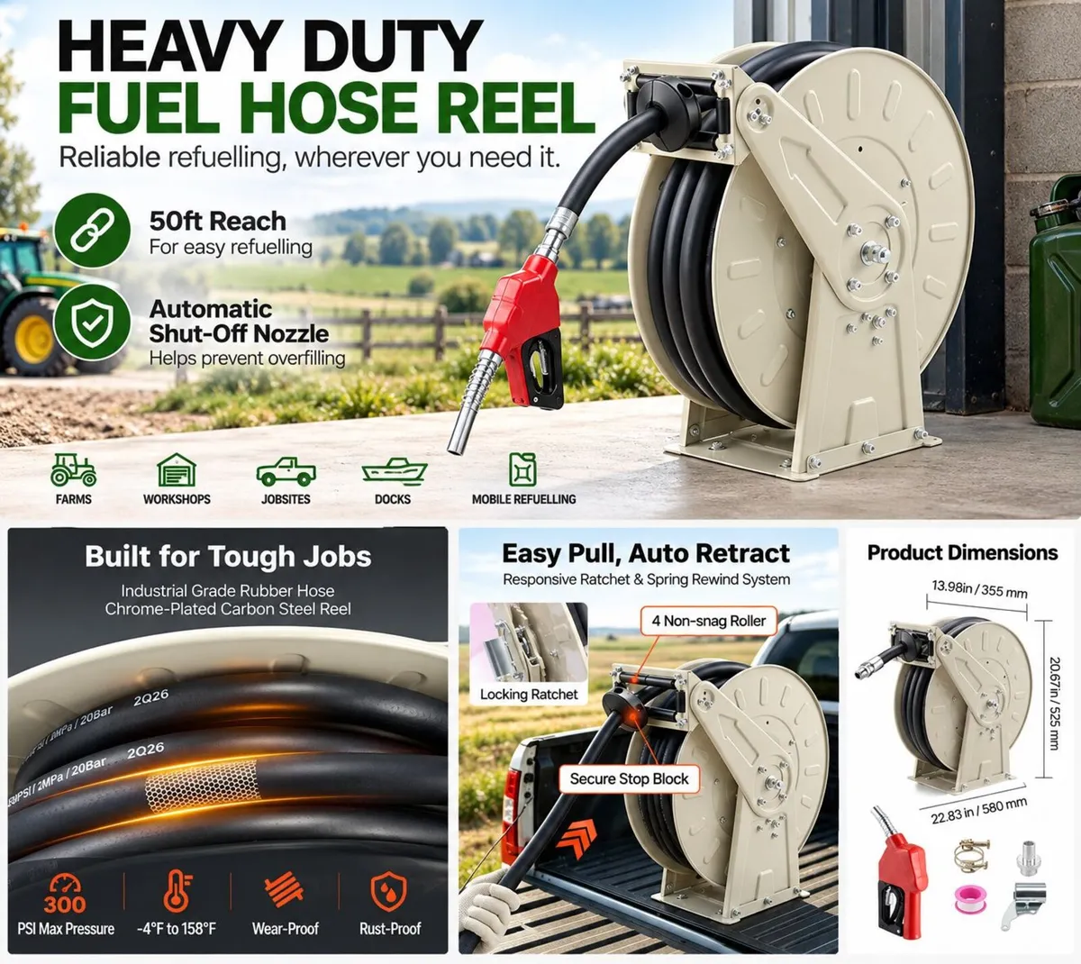 50ft Retractable Diesel Fuel Hose Reel with Automa - Image 2