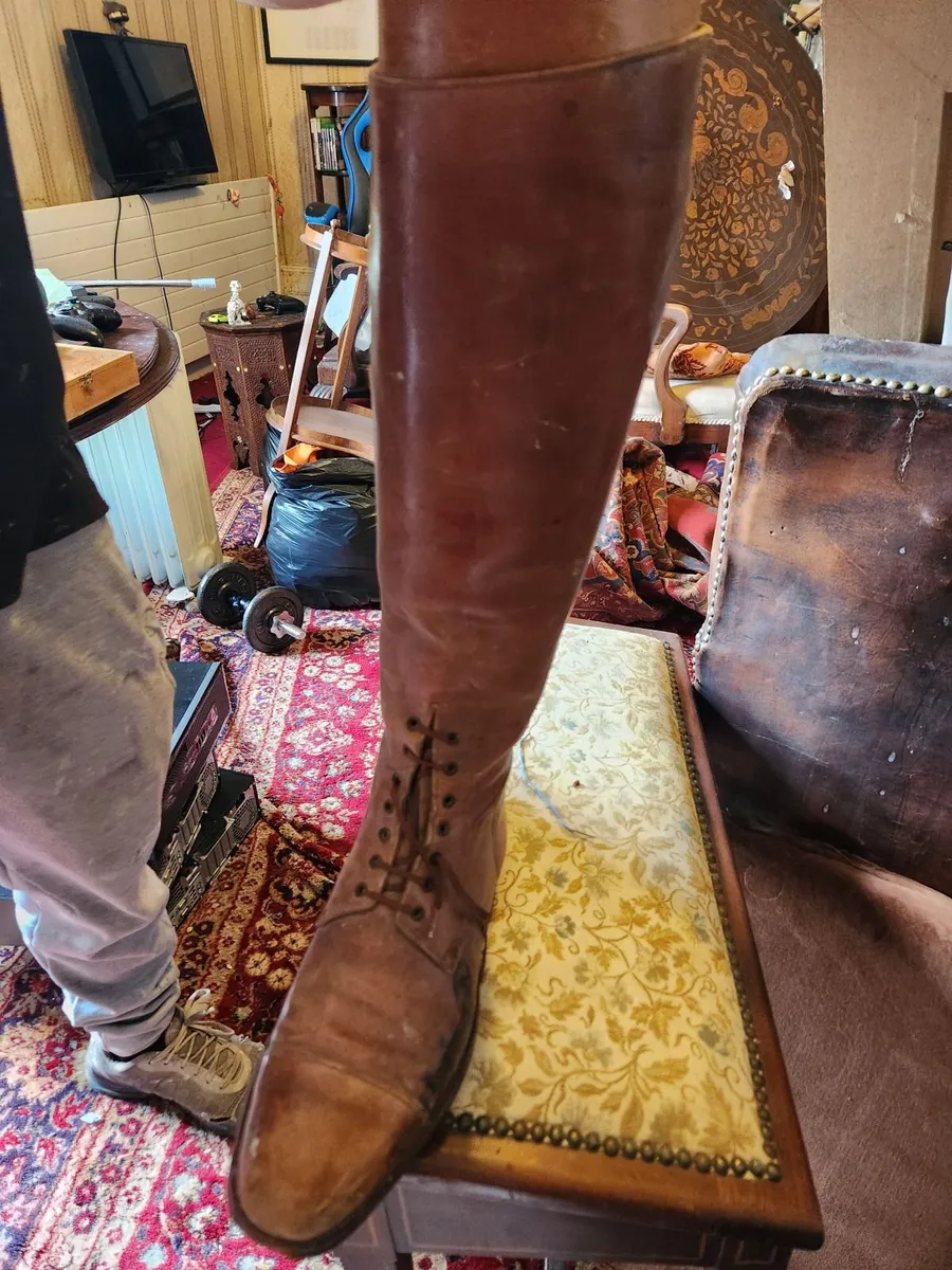 Antique Leather Officer’s Riding Boots, Wood Trees - Image 4