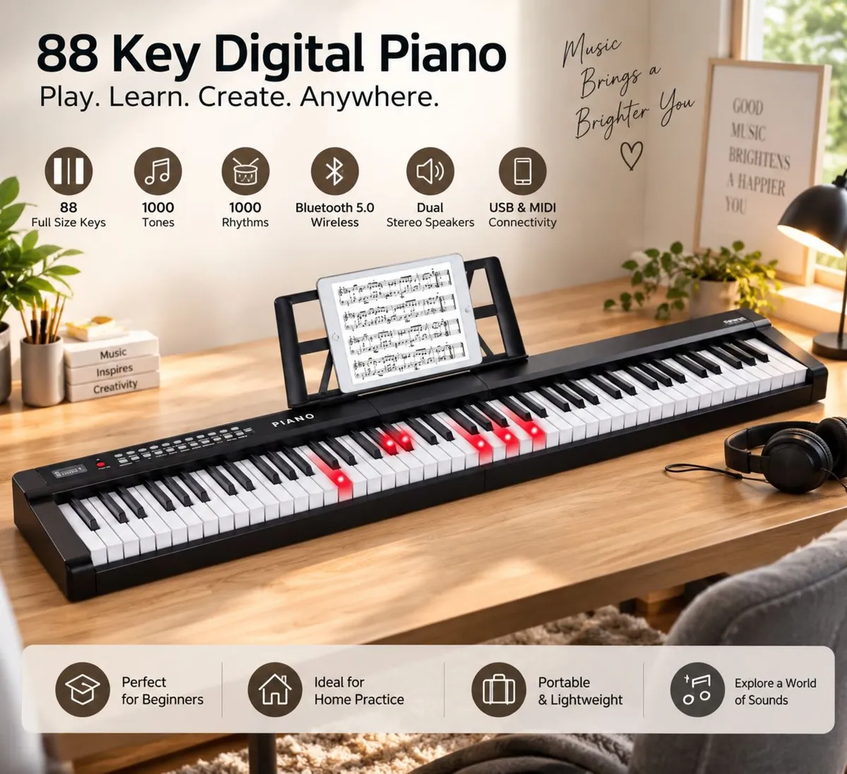 88 Key Semi Weighted Digital Piano Bluetooth MIDI - Image 1