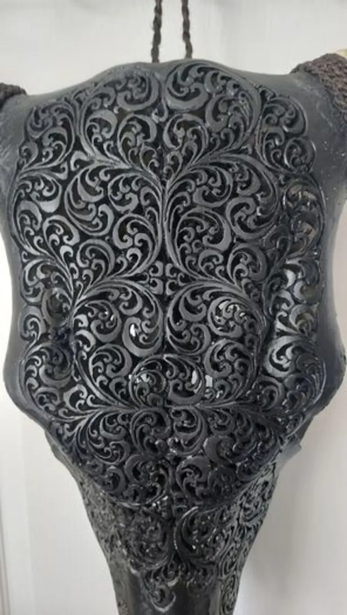 Carved Black Bull Skull - Image 1