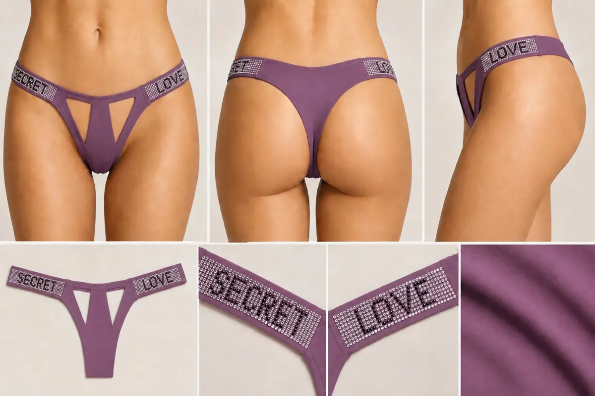 Women’s Purple Thong Panties with Rhinestone “LOVE - Image 1