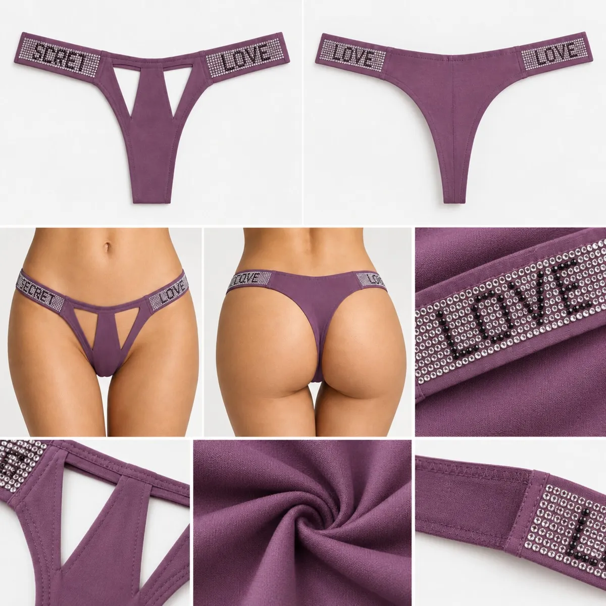 Women’s Purple Thong Panties with Rhinestone “LOVE - Image 2