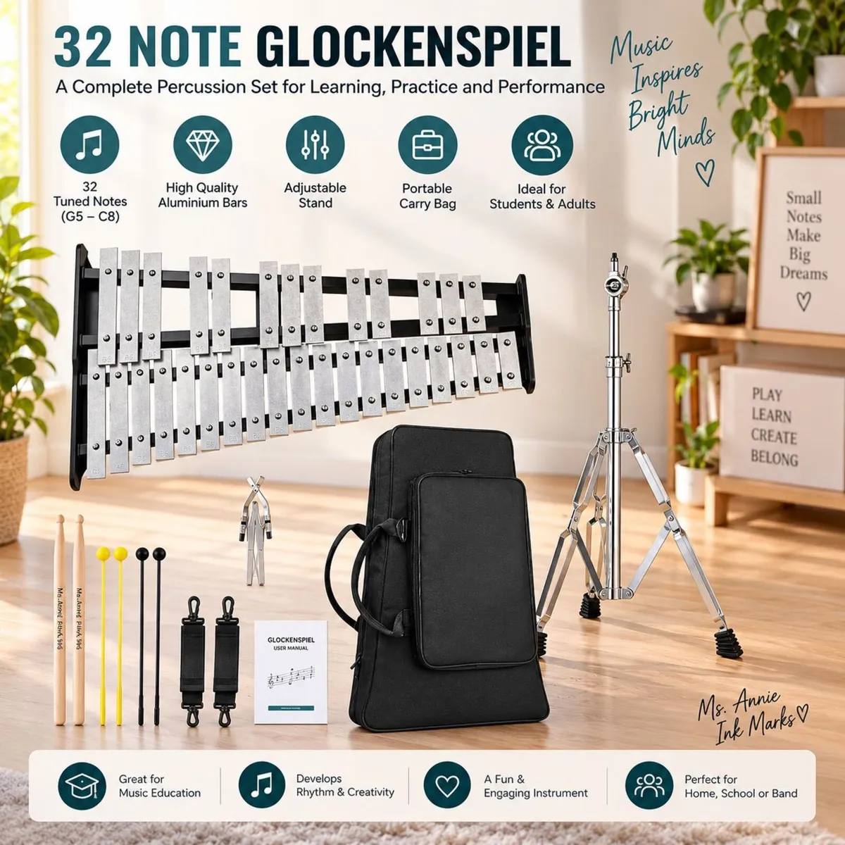 32 Note Glockenspiel Xylophone Bell Kit with Adjus - Image 1