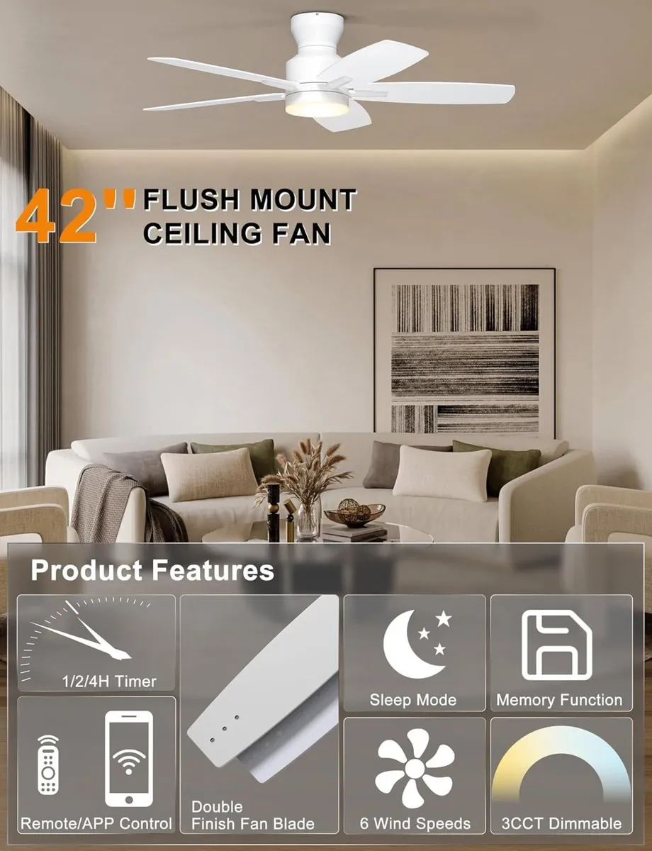 42'' Low Profile Ceiling Fan with Light Remote - Image 3