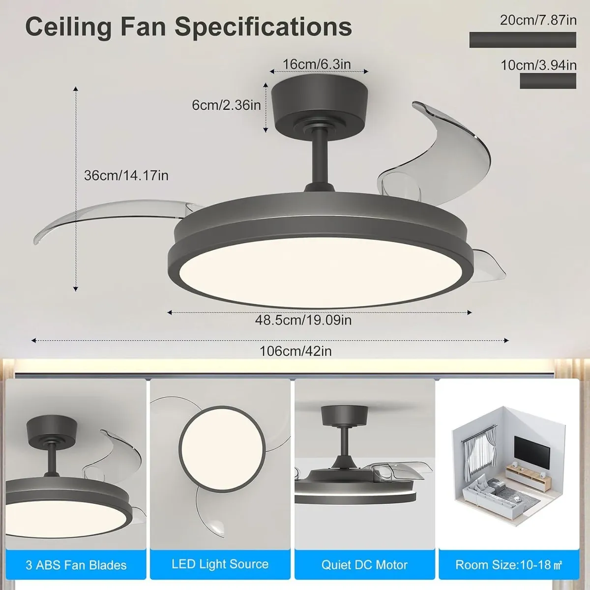 Ceiling Fans with Lights and Remote Retractable - Image 2