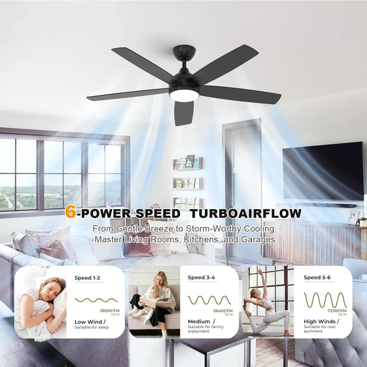 Ceiling Fan with Light 52" Remote 6 Speeds - Image 3