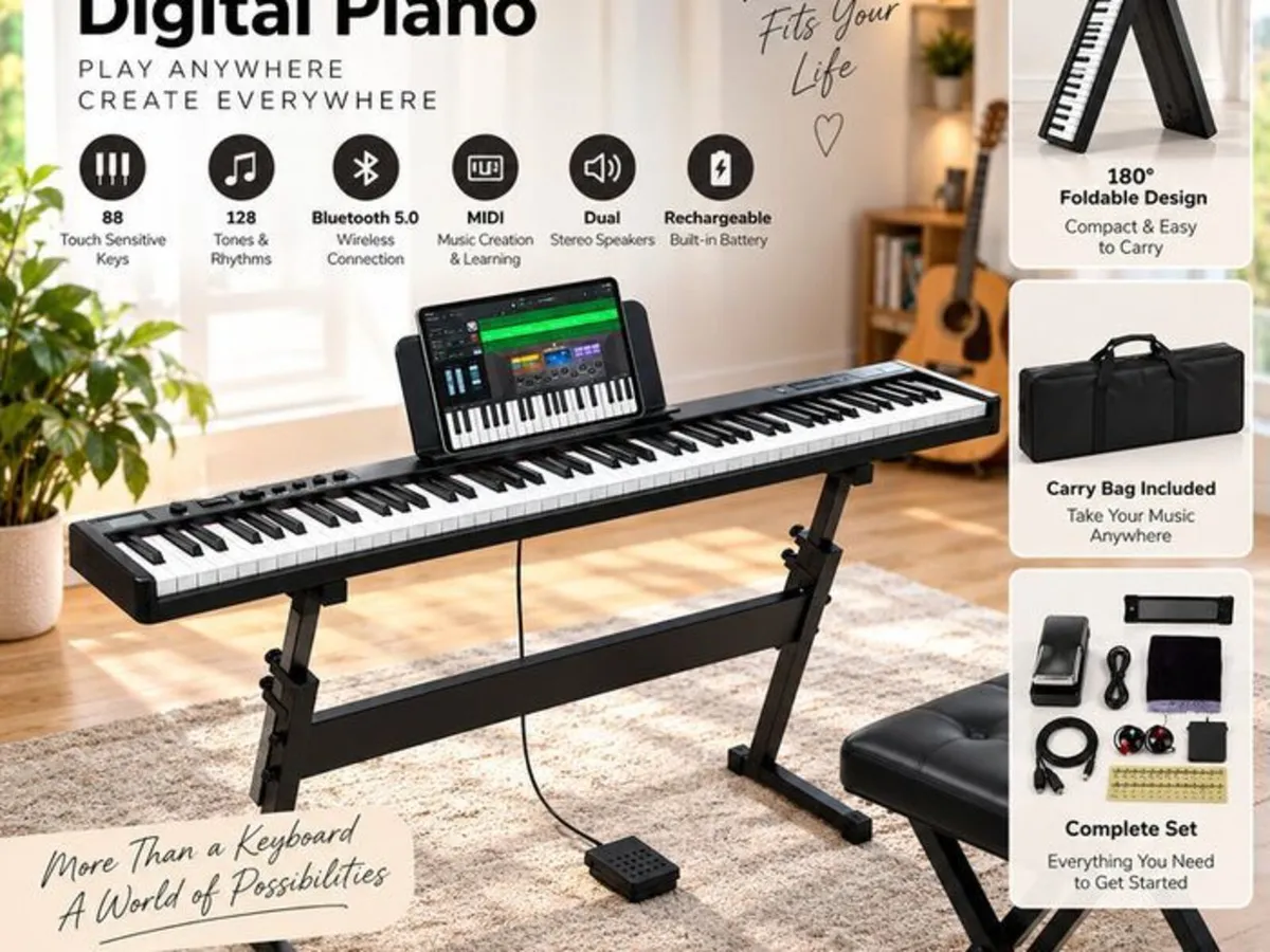 88 Keys Foldable Piano Keyboard, Bluetooth & MIDI, - Image 1