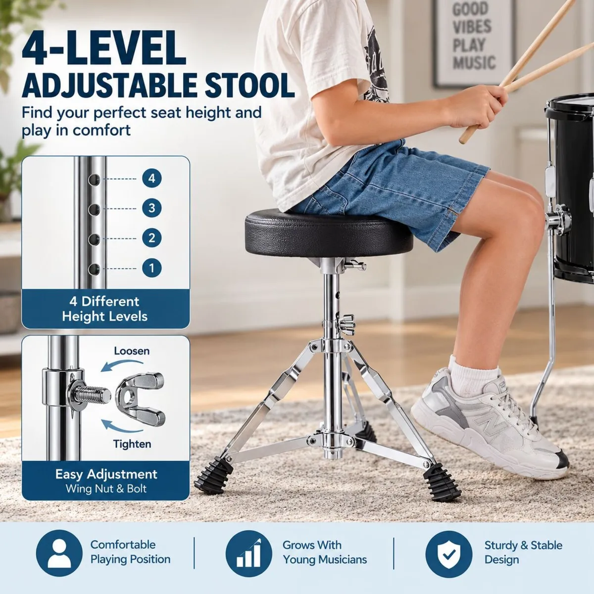 5 Piece Kids Drum Set 16 Inch Beginner Drum Kit - Image 2