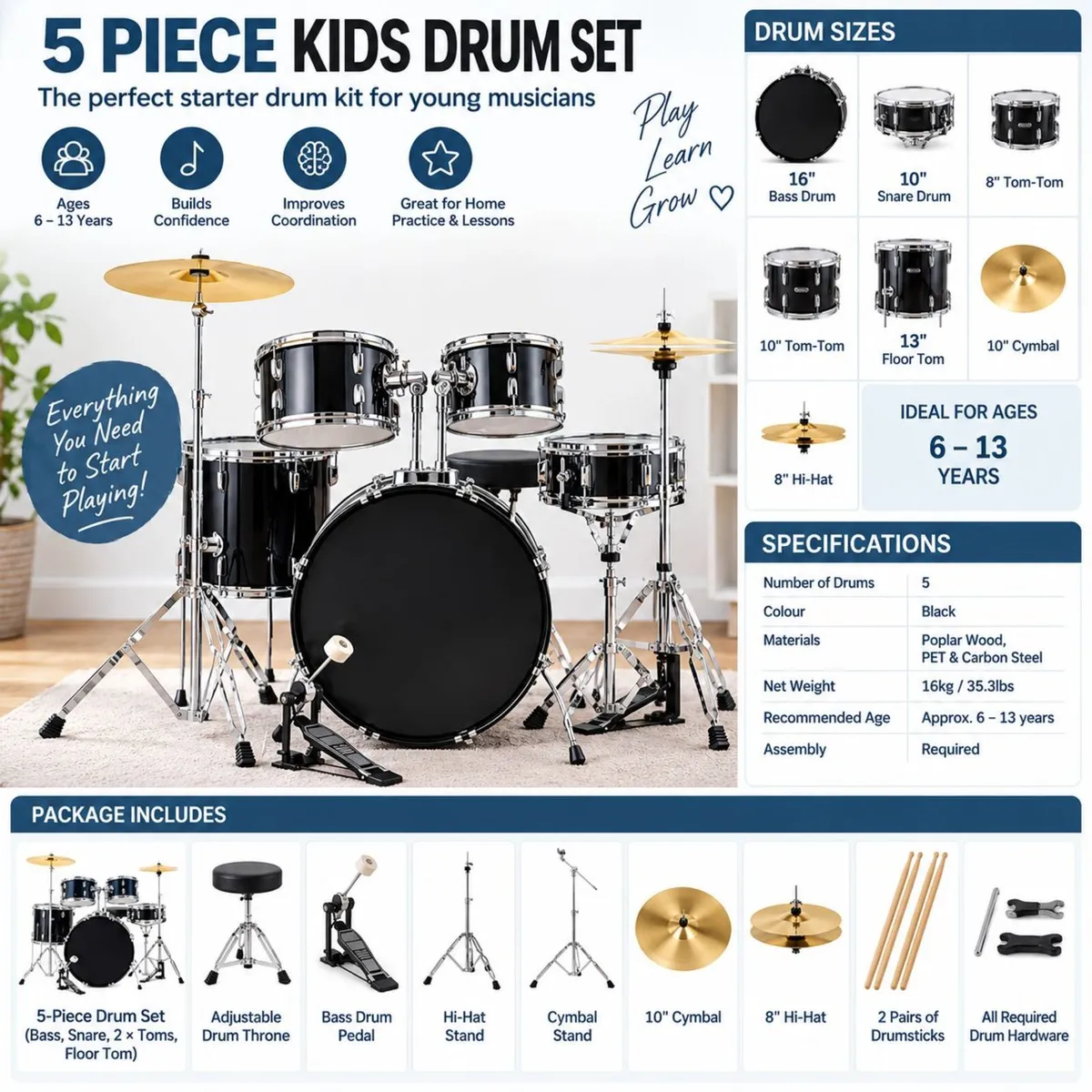 5 Piece Kids Drum Set 16 Inch Beginner Drum Kit - Image 3