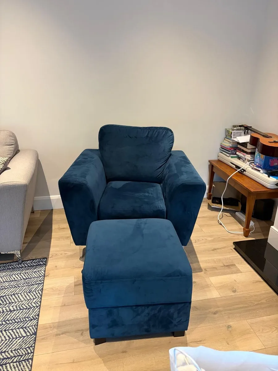 Blue Velvet Armchair & Footstool with storage - Image 1