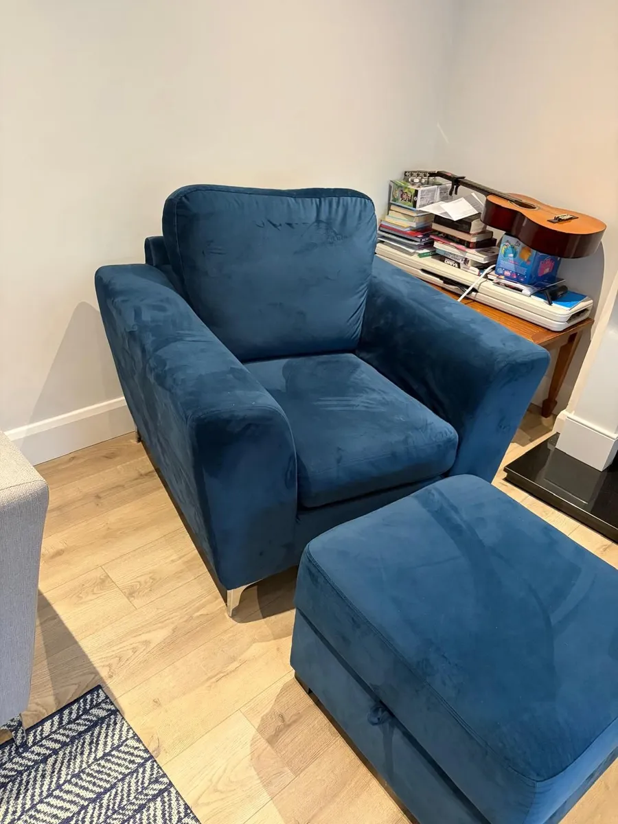 Blue Velvet Armchair & Footstool with storage - Image 2