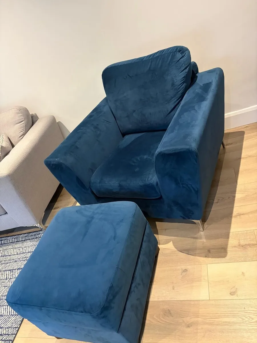 Blue Velvet Armchair & Footstool with storage - Image 3