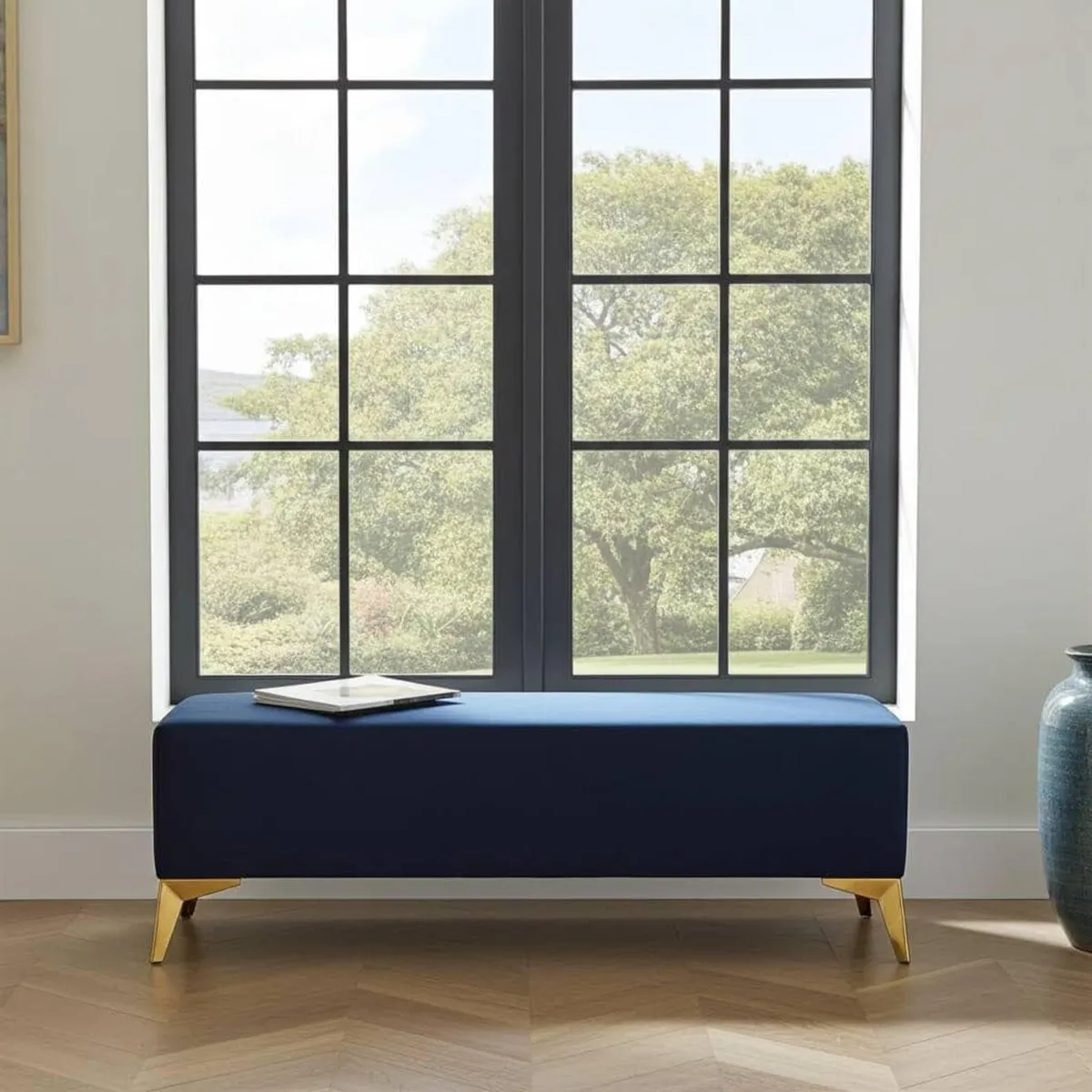 Handmade Velvet Bench with Gold Metal Legs - Image 1