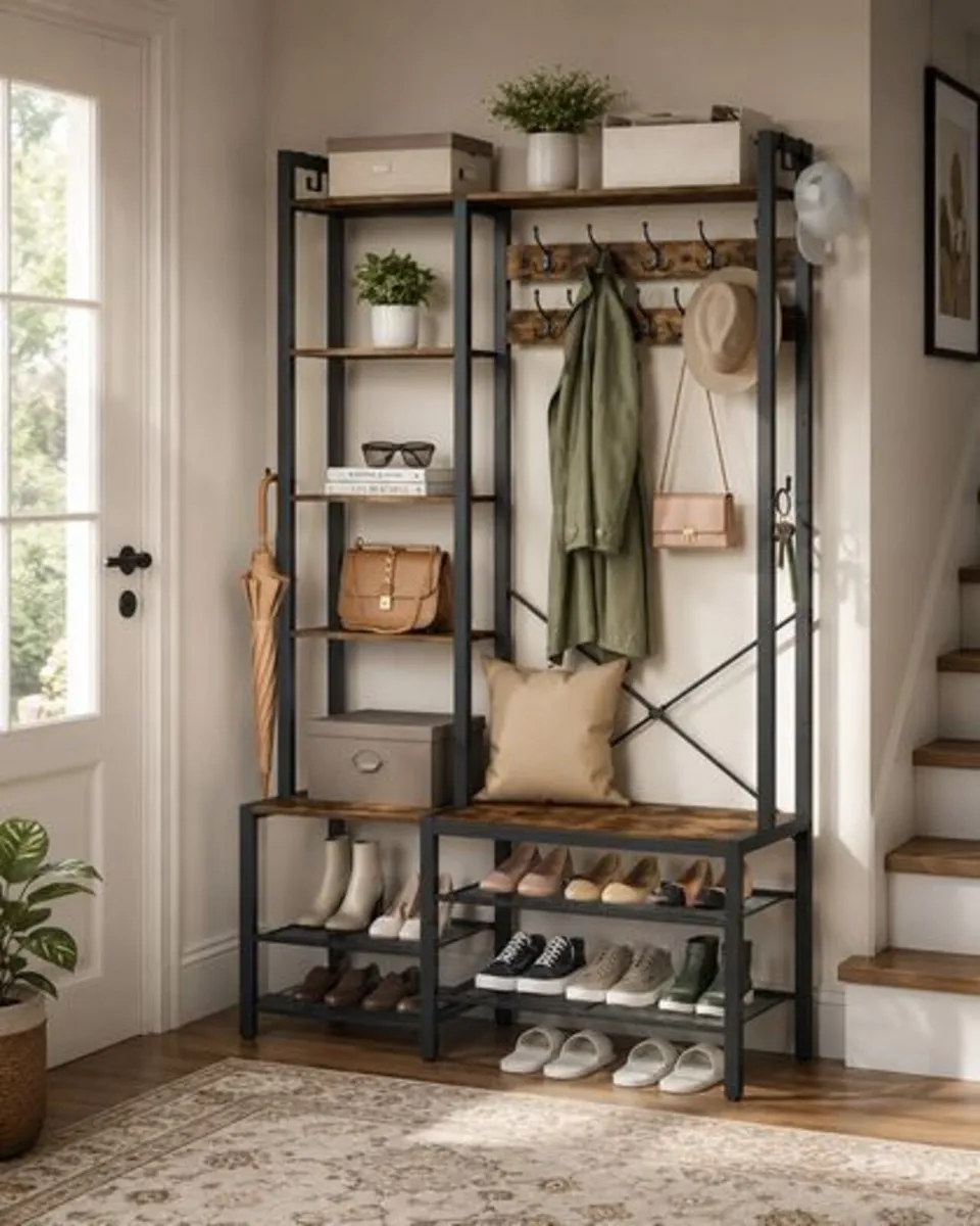 Industrial Hallway Coat Rack with Bench, Shoe Stor - Image 4