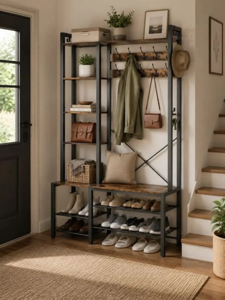 Industrial Hallway Coat Rack with Bench, Shoe Stor - Image 1