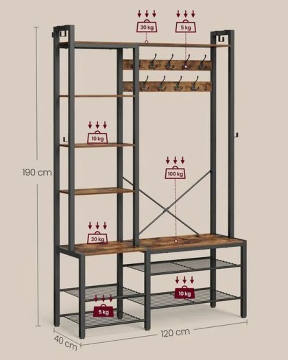 Industrial Hallway Coat Rack with Bench, Shoe Stor - Image 3