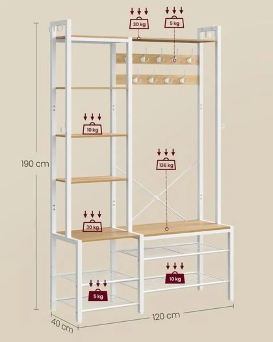 Coat rack with shoe bench golden oak-cloud-white - Image 3