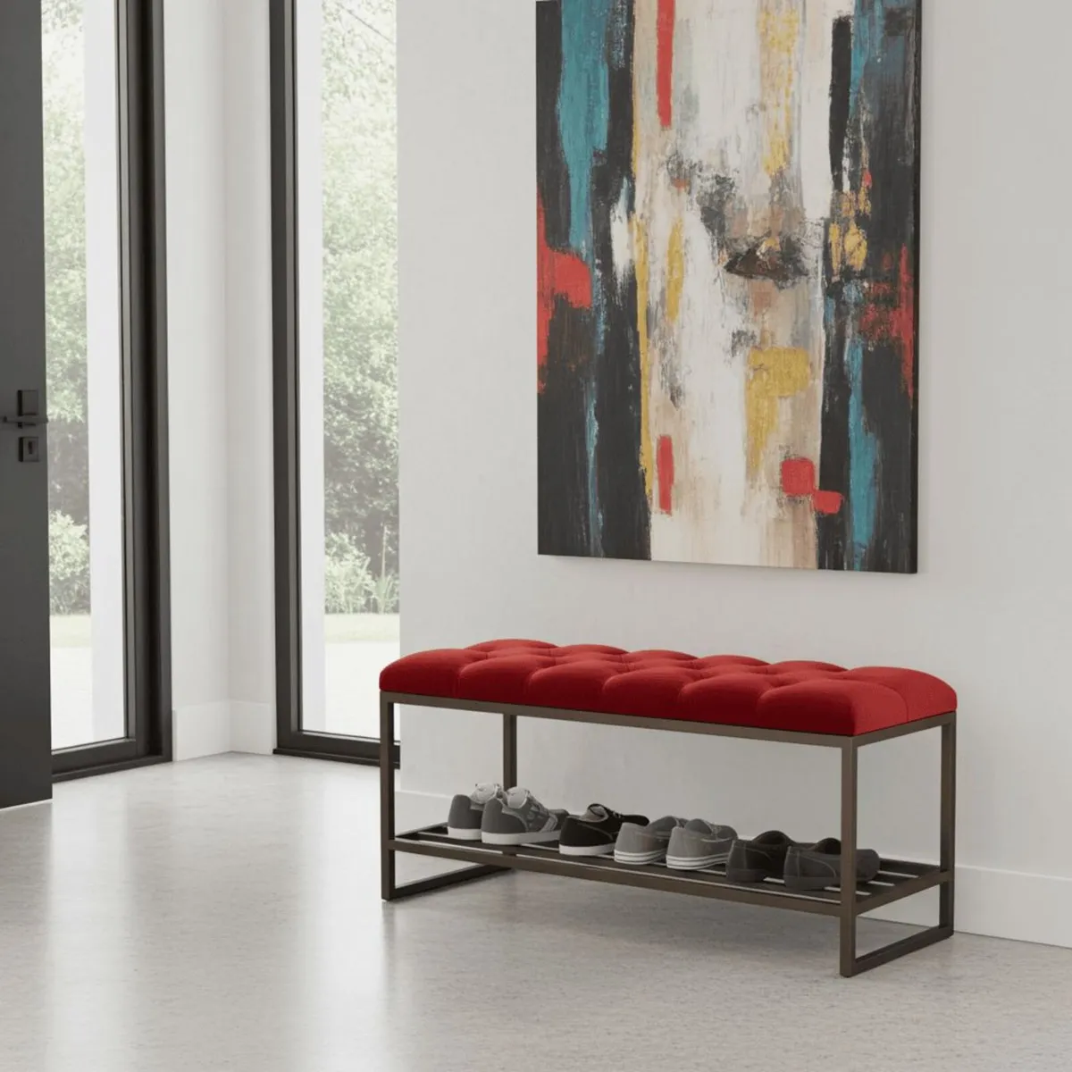 Teal Velvet Upholstered Bench / Shoe Rack - Image 1