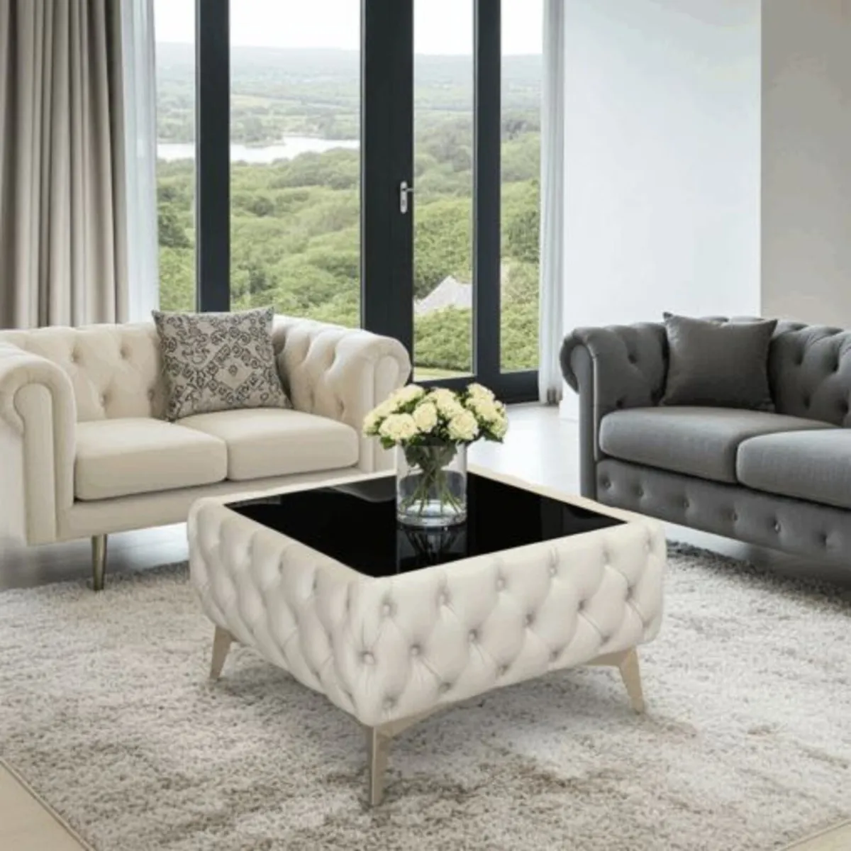 Chesterfield Velvet Square Coffee Table with glass - Image 1