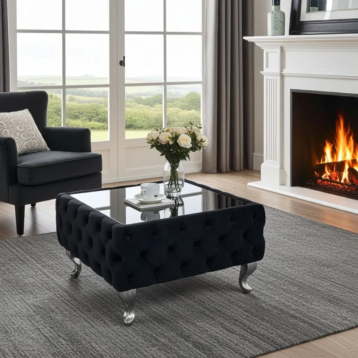 Chesterfield Velvet Square Coffee Table with glass - Image 3