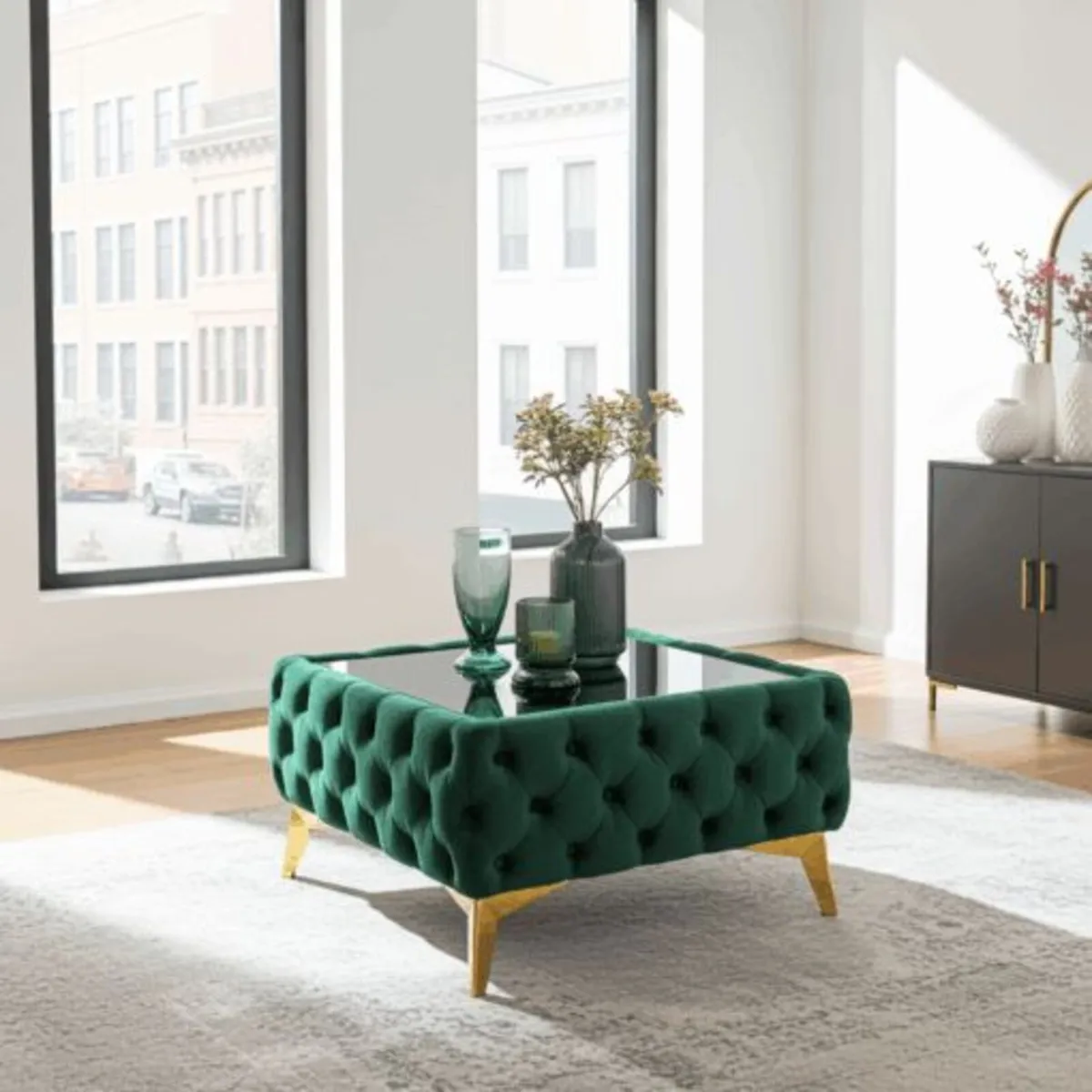 Chesterfield Velvet Square Coffee Table with glass - Image 4