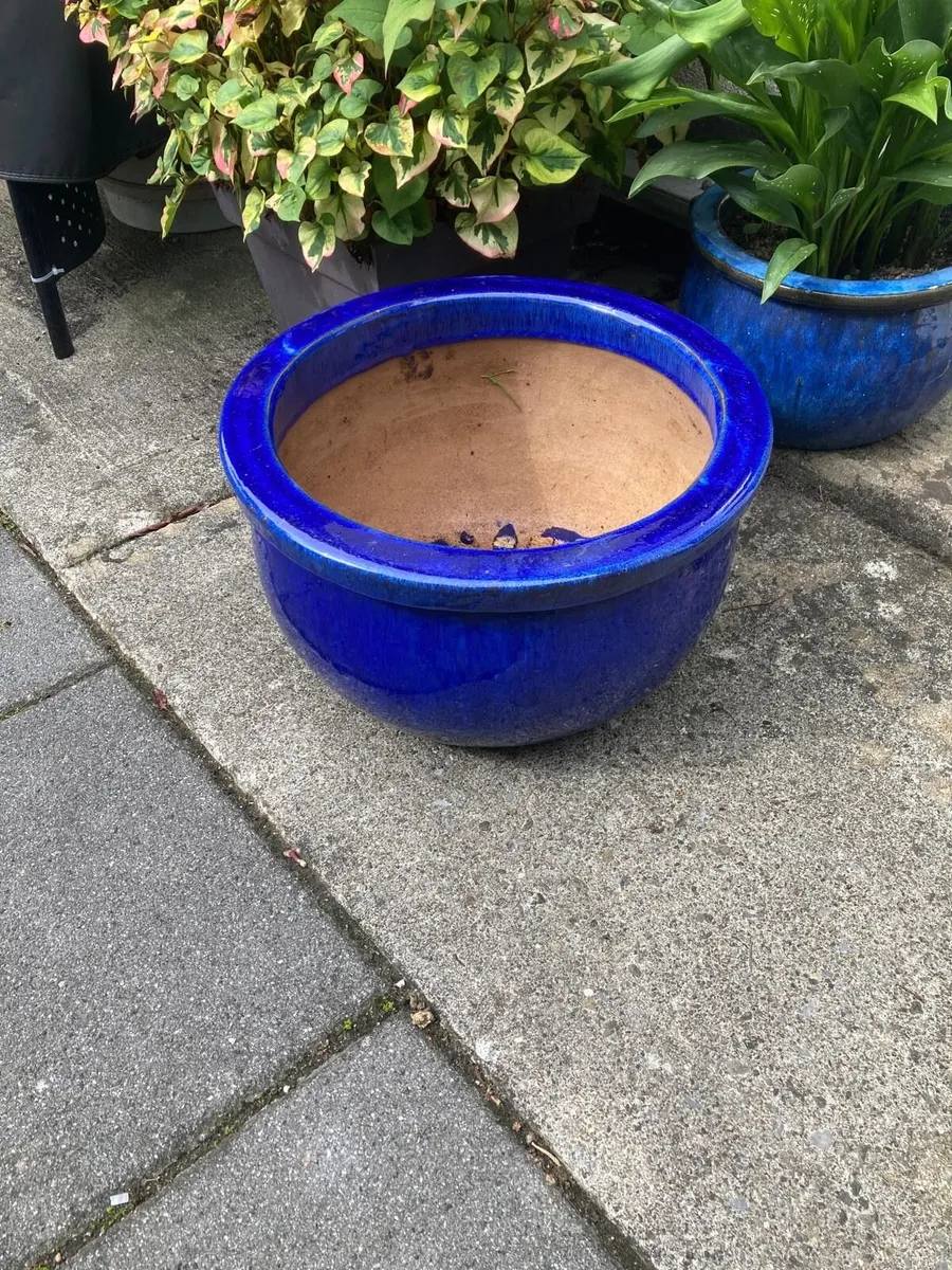 Large Blue Glazed Ceramic Garden Planter - Image 1