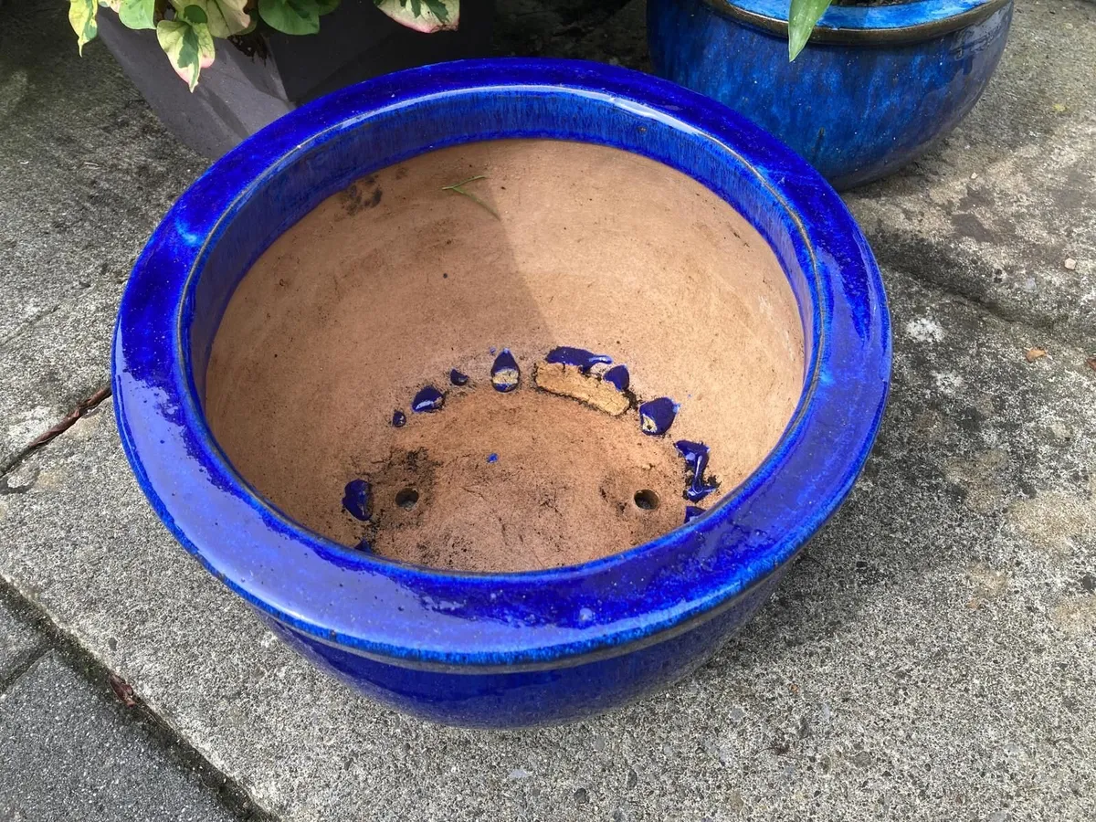 Large Blue Glazed Ceramic Garden Planter - Image 2