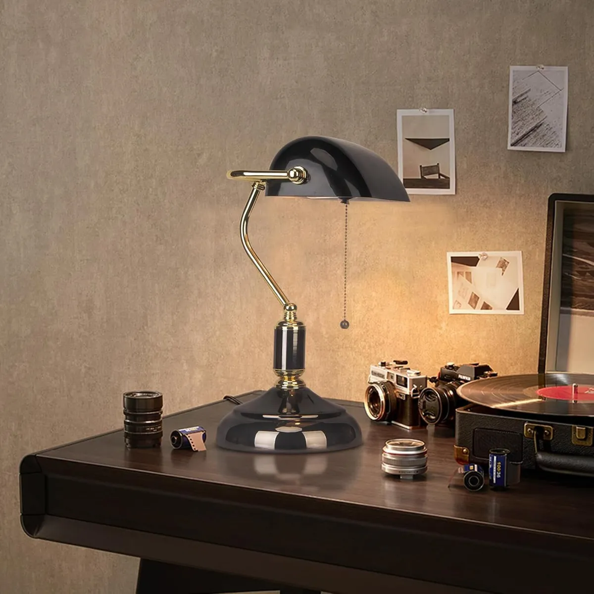 Office Desk Lamp Vintage Glass Table with Brass - Image 2