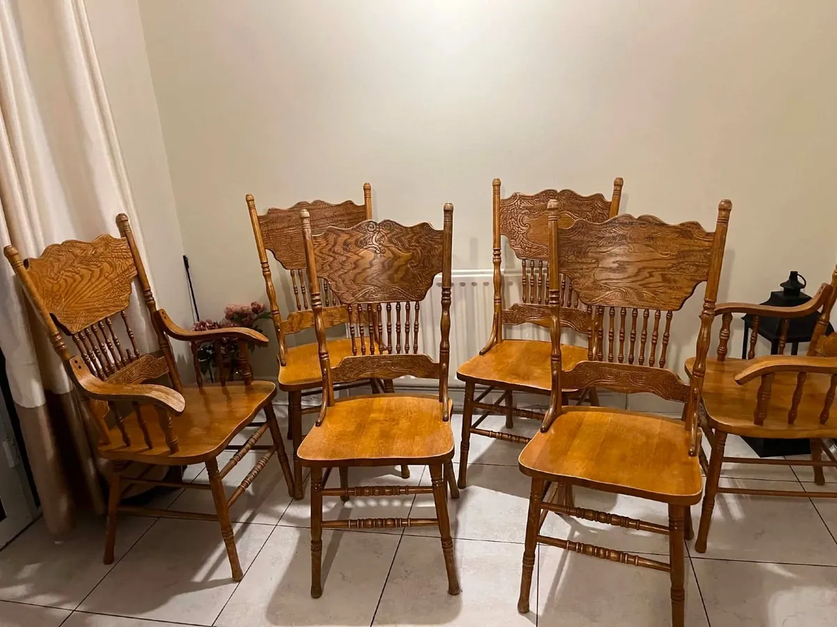 SOLID OAK AMERICAN-STYLE TABLE 120Ø AND 6 CHAIRS - Image 2