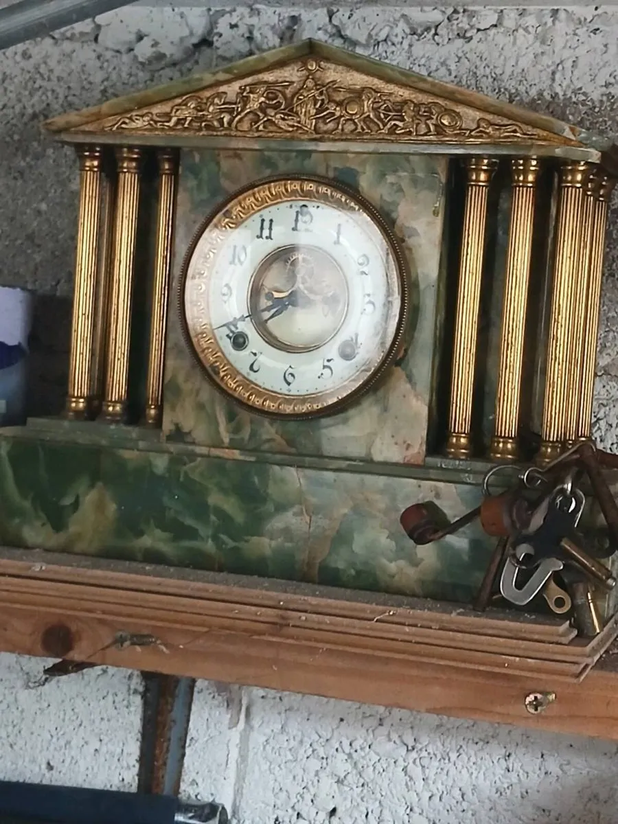 Antique Architectural Mantel Clock - Green Onyx &