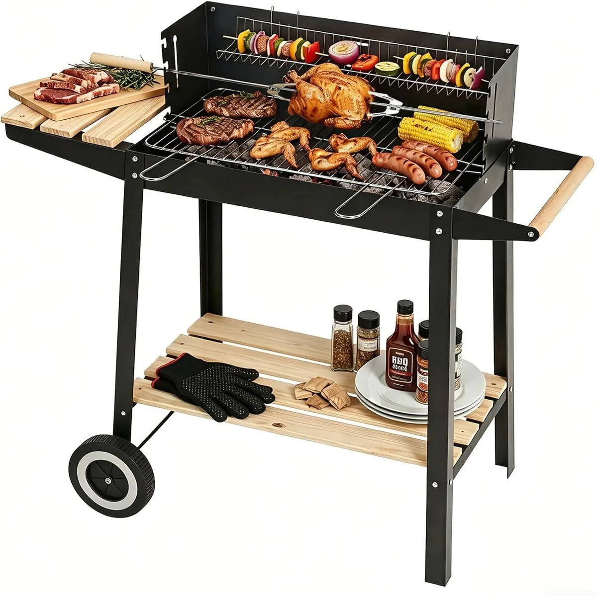 Charcoal BBQ Grill with Trolley Warming Rack Spit - Image 2