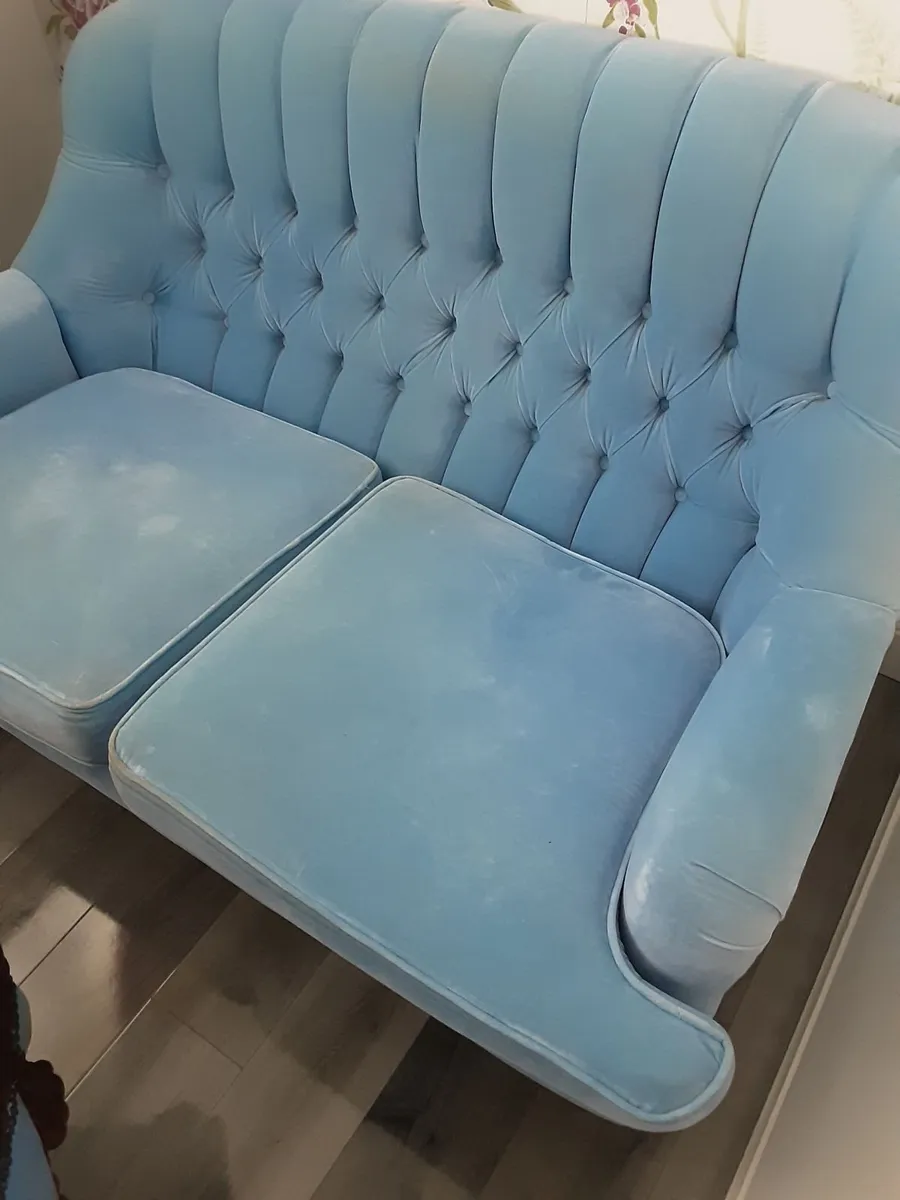 Blue velvet buttoned antique Dutch buttoned sofa - Image 1