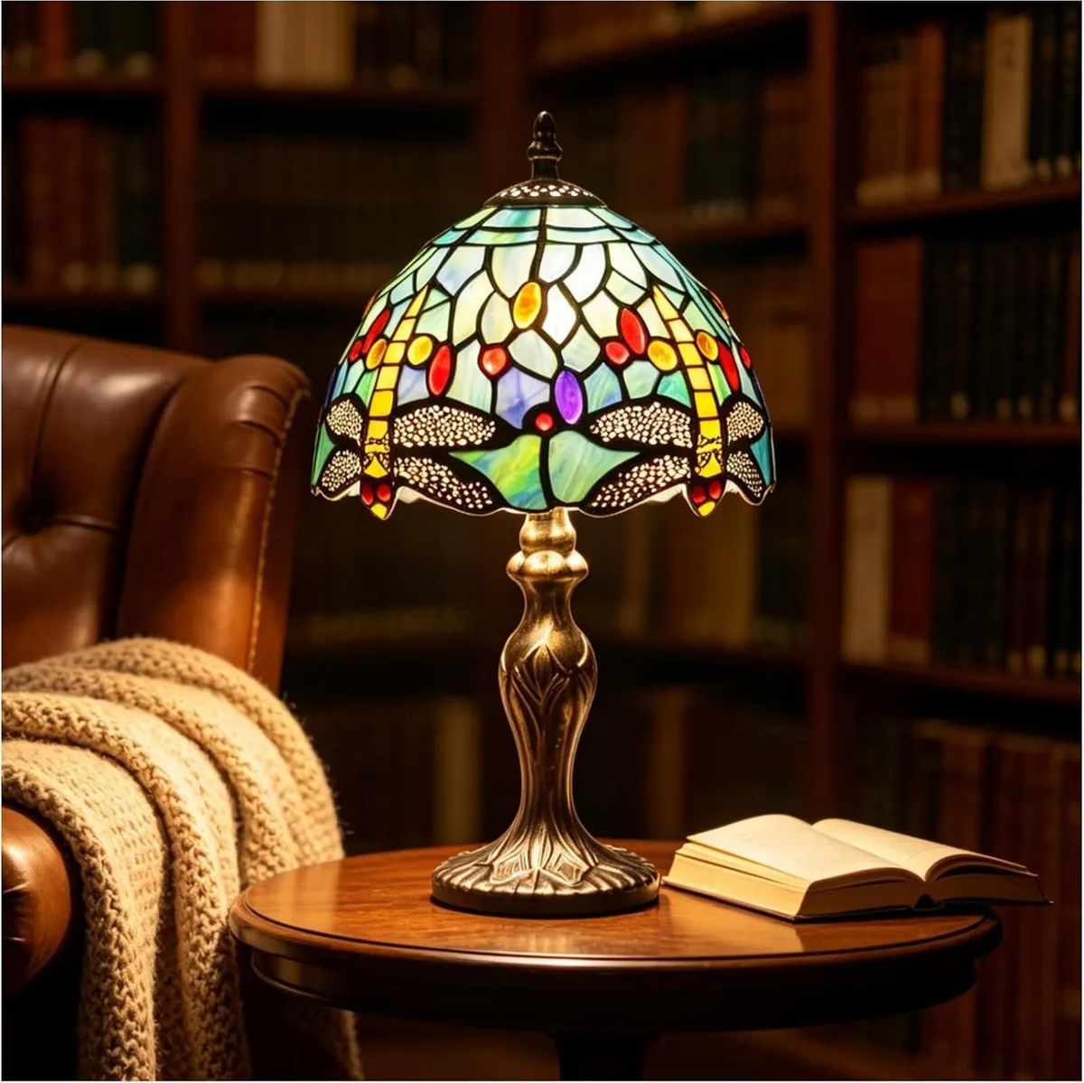 8'' Stained Glass Table Lamp Vintage Desk Bedside - Image 1